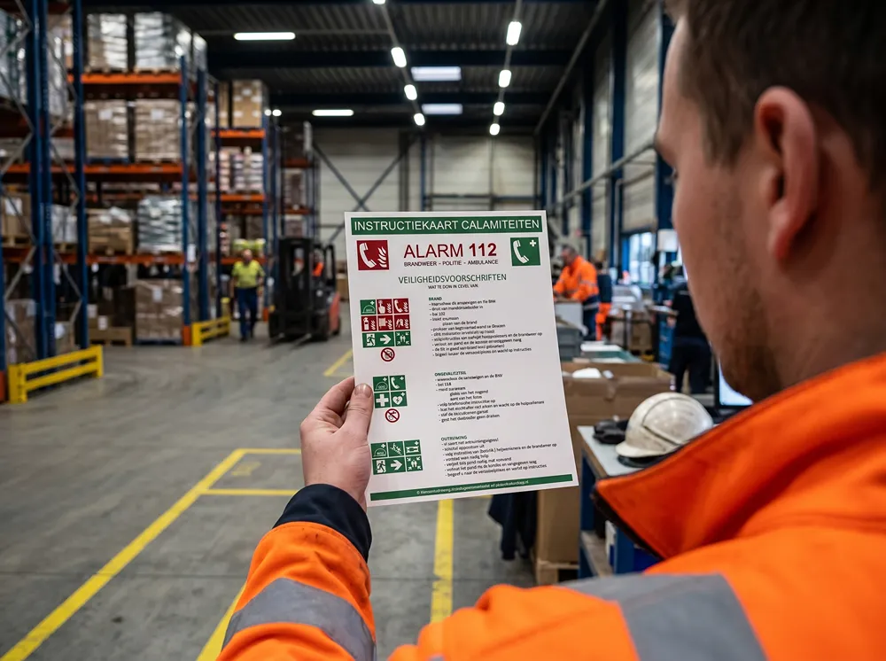 Bedrijfsnoodplan: medewerker leest de instructiekaart calamiteiten met alarmnummer 112