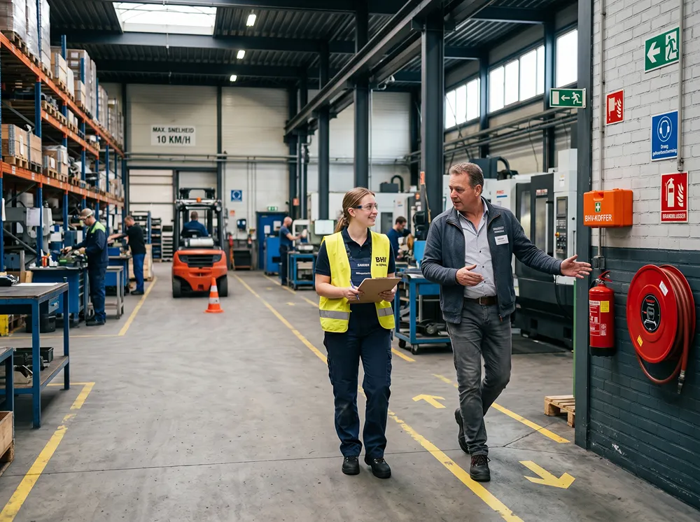 Basis BHV cursus Basis BHV cursus: BHV'er loopt langs brandblusser, brandslang en BHV-koffer in een werkplaats