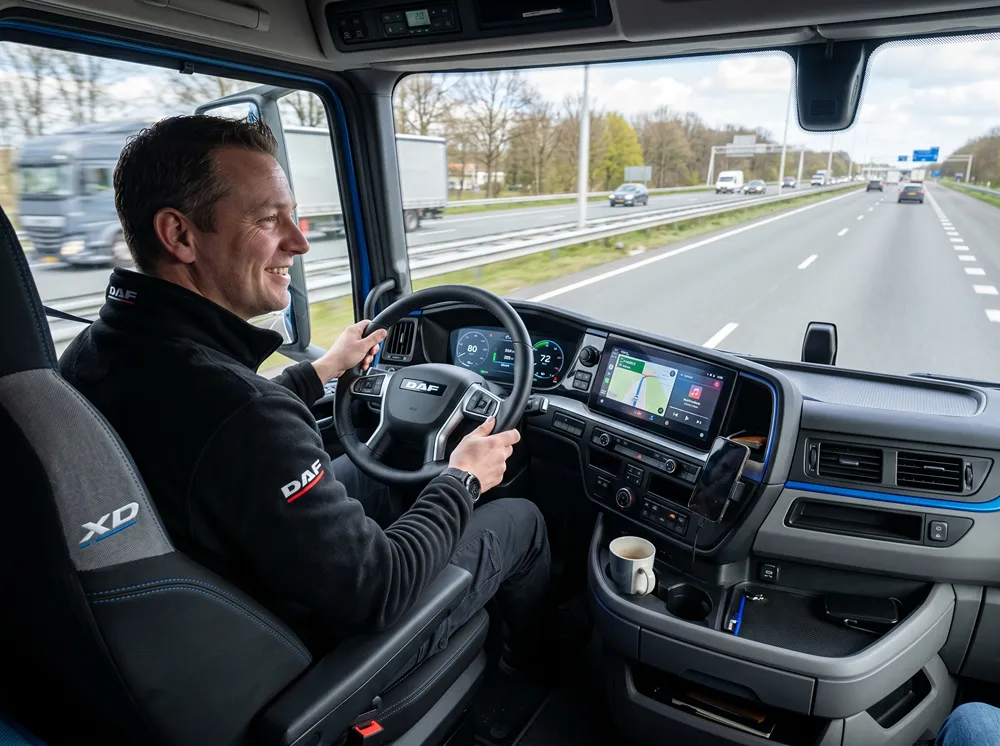 Code95-Rijoptimalisatie Code 95 Rijoptimalisatie: chauffeur rijdt ontspannen met zijn vrachtwagen over de snelweg