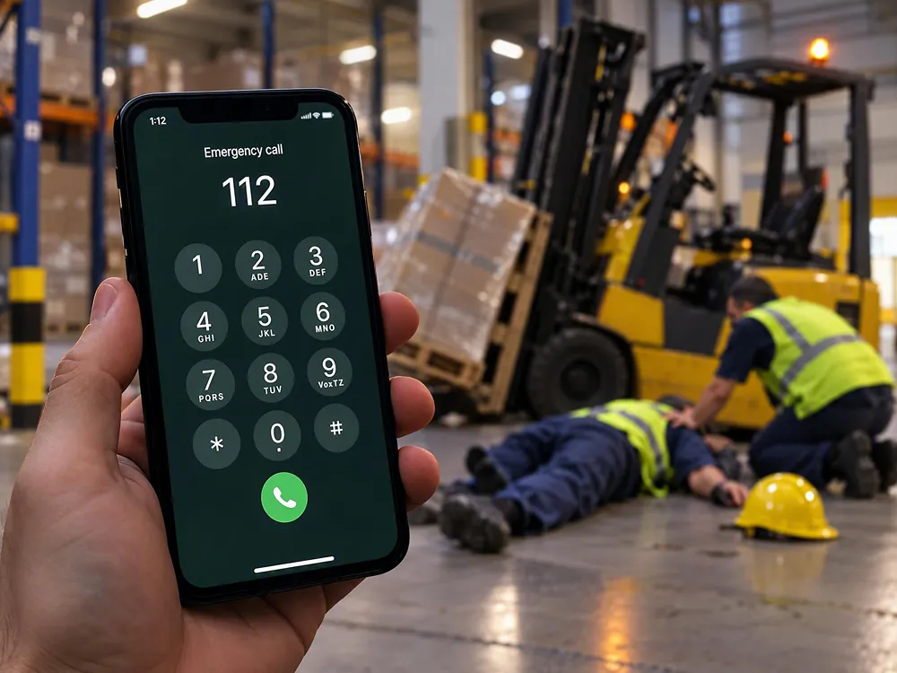 Code 95 EHBO onderweg EHBO'er helpt een gewonde collega terwijl een ander 112 belt, Code 95 nascholing EHBO onderweg