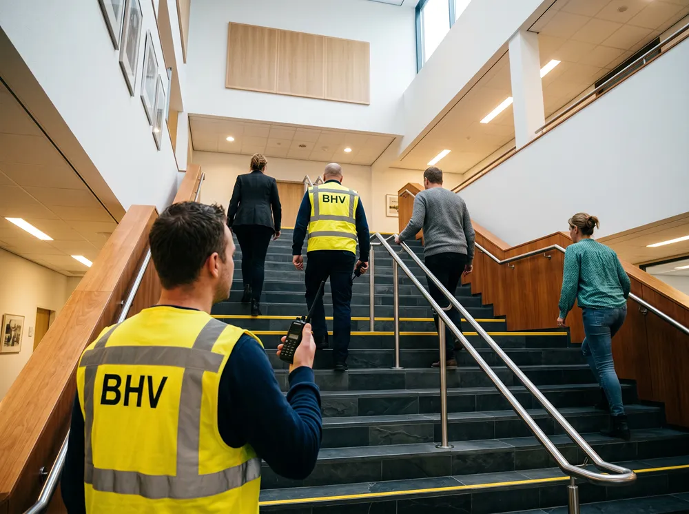 Ploegleider BHV met portofoon begeleidt collega's tijdens een ontruimingsoefening